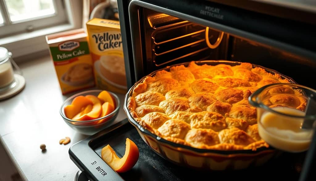 Baking Peach Cobbler with Cake Mix