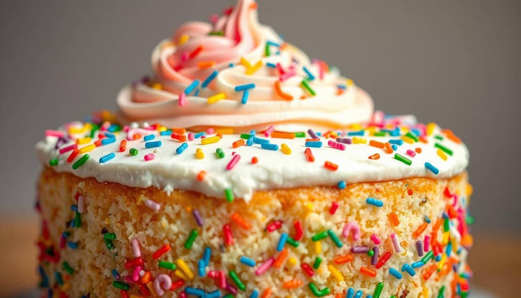 colorful sprinkle cake with rainbow toppings