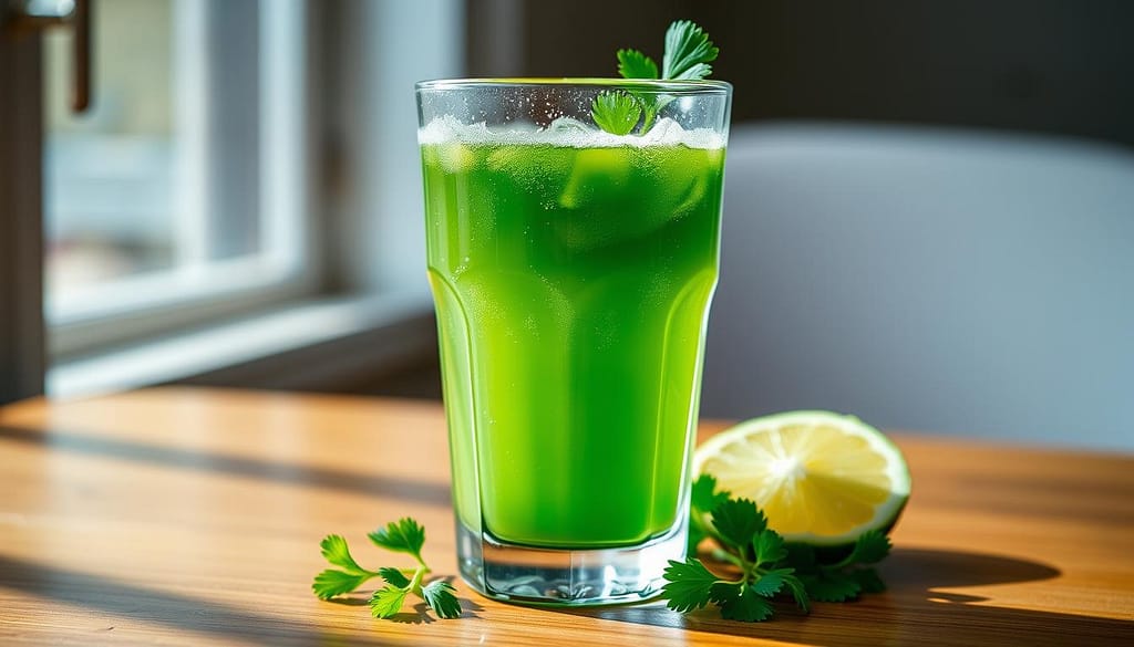 A crystal clear glass of fresh, vibrant green coriander juice, with a few sprigs of coriander and lime wedges artfully arranged around it. The juice has a slightly frothy, translucent quality, catching the soft, natural light spilling in from a window. The glass sits atop a wooden table, its smooth surface reflecting the verdant hues of the juice. The composition is balanced, with the coriander and lime adding a touch of rustic elegance. The overall mood is one of refreshing vitality, inviting the viewer to experience the crisp, herbal flavors of this nourishing elixir. A crystal clear glass of fresh, vibrant green coriander juice, with a few sprigs of coriander and lime wedges artfully arranged around it. The juice has a slightly frothy, translucent quality, catching the soft, natural light spilling in from a window. The glass sits atop a wooden table, its smooth surface reflecting the verdant hues of the juice. The composition is balanced, with the coriander and lime adding a touch of rustic elegance. The overall mood is one of refreshing vitality, inviting the viewer to experience the crisp, herbal flavors of this nourishing elixir.