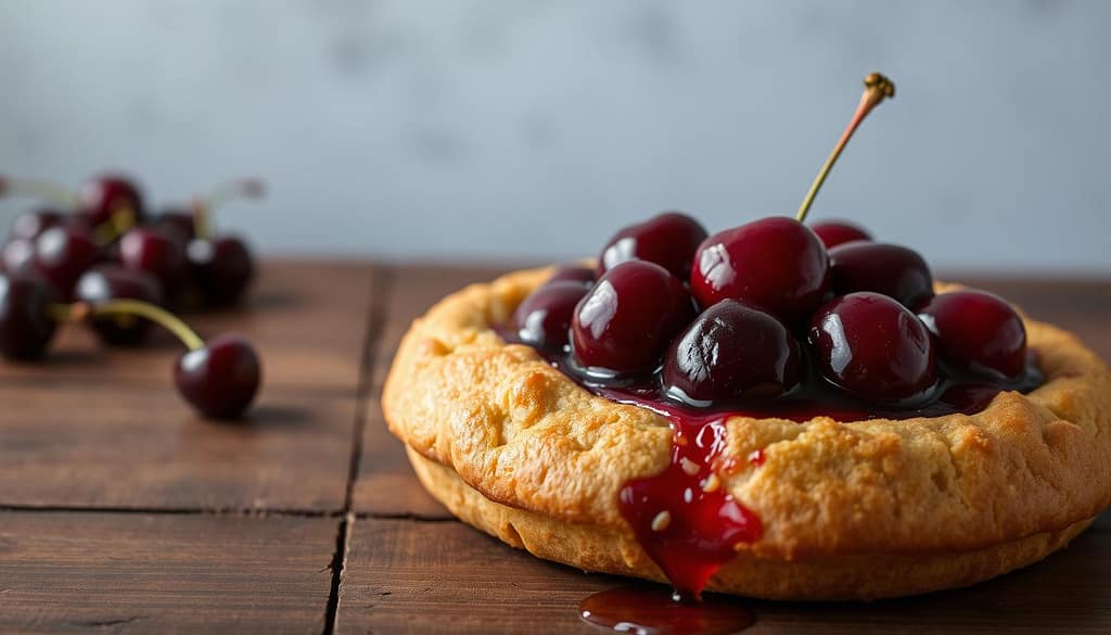 A delectable cherry dump cake rests atop a rustic wooden table, its deep crimson hue glistening under soft, natural lighting. Crusty golden-brown pastry surrounds plump, juicy cherries, their vibrant color popping against the muted tones of the setting. The cake's inviting aroma fills the air, hinting at the harmony of sweet and tart flavors within. In the background, a simple, uncluttered backdrop allows the star of the scene to shine, reflecting the uncomplicated yet irresistible nature of this classic homestyle dessert. Captured from a slightly elevated angle, the image conveys the comforting and satisfying essence of the "cherry dump cake."