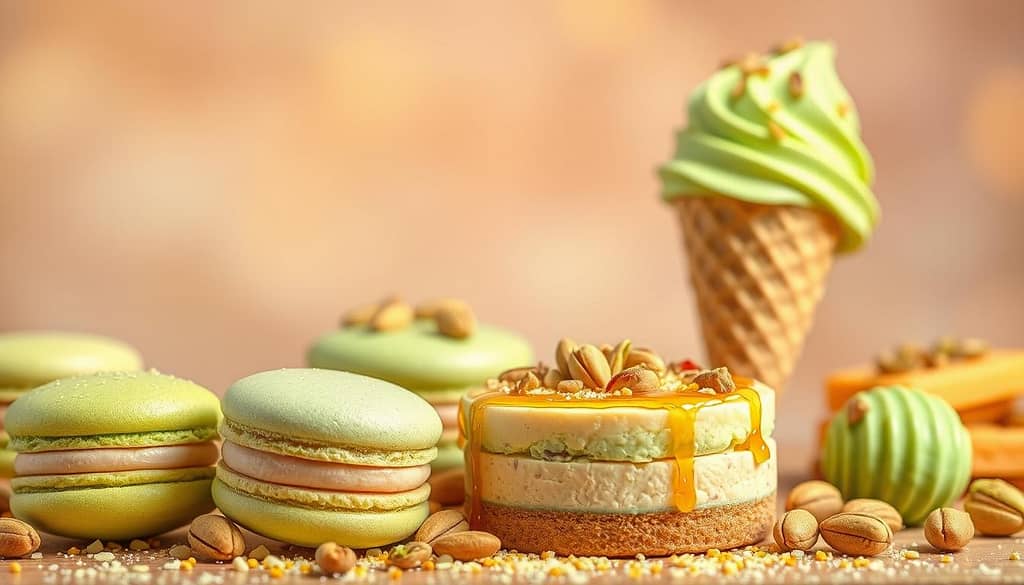 A delightful array of pistachio-infused desserts takes center stage in a dreamy, pastel-hued tableau. In the foreground, fluffy pistachio macarons, their vibrant green hues complemented by delicate pink filling, sit alongside a creamy pistachio cheesecake, its surface adorned with a scattering of roasted nuts. In the middle ground, a tempting pistachio baklava, its layers of flaky phyllo dough drizzled with golden honey, adds a touch of elegant sophistication. The background features a whimsical pistachio ice cream cone, its swirling mint-green scoops topped with a sprinkling of crushed pistachios, all set against a soft, hazy backdrop that evokes a sense of tranquility and delight. Warm, inviting lighting casts a gentle glow, creating an irresistible atmosphere of pure pistachio bliss.