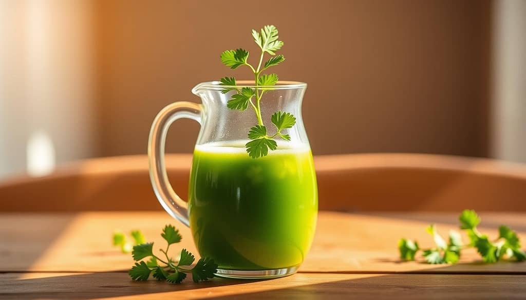 A glass pitcher filled with vibrant green coriander juice, garnished with a sprig of fresh coriander leaves, resting on a wooden table. The juice has a slight foamy texture, hinting at its freshness. Warm, natural lighting illuminates the scene, casting a soft, inviting glow. The background features a simple, minimalist backdrop, allowing the subject to take center stage. The composition is balanced, with the pitcher positioned slightly off-center to create visual interest. The overall mood is one of purity, health, and the refreshing essence of coriander.
