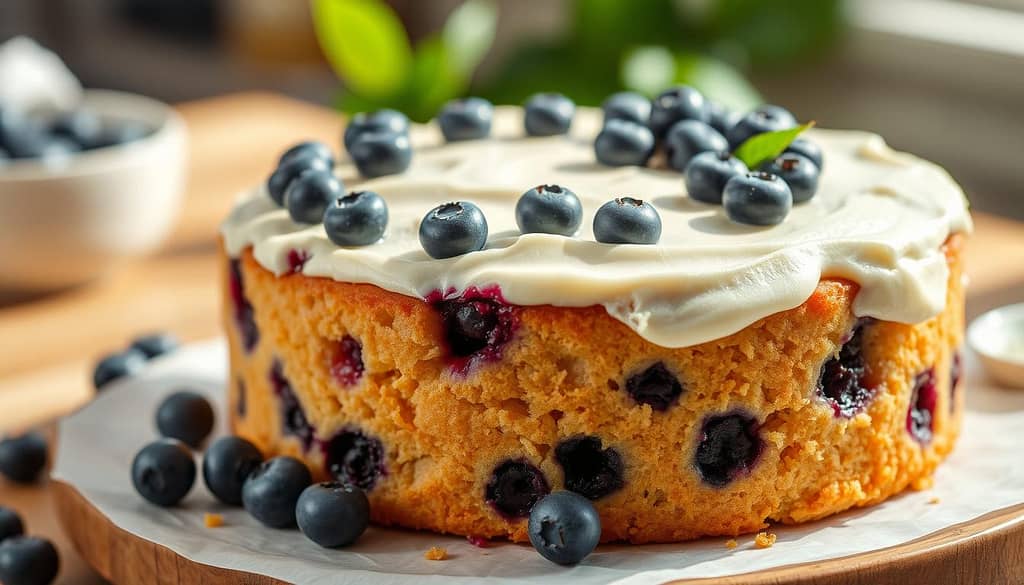 A luscious, freshly baked blueberry cake takes center stage, its deep-purple berries glistening against a soft, golden crumb. Warm vanilla notes and a hint of lemon zest fill the air, creating an inviting and irresistible aroma. The cake is perfectly moist, with a tender, indulgent texture that melts in the mouth. Artfully arranged blueberries adorn the top, their vibrant color contrasting beautifully against the cake's light, fluffy frosting. Soft, natural lighting filters in, casting a warm, welcoming glow and highlighting the cake's enticing appearance. The overall scene exudes a sense of homemade comfort and culinary excellence, perfectly capturing the essence of a beloved, must-try blueberry cake recipe.
