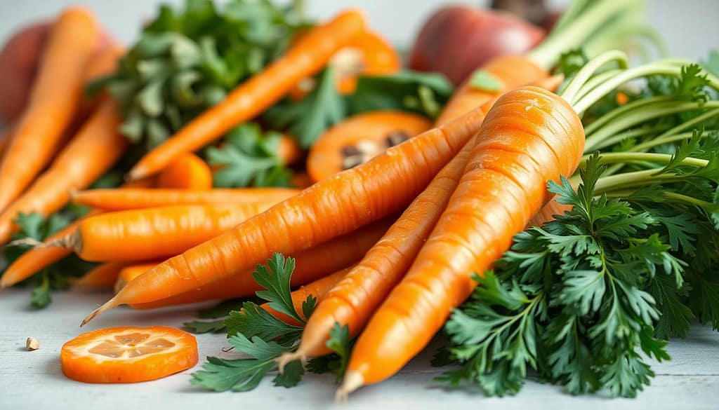 A vibrant still life featuring an assortment of fresh, colorful carrots in the foreground. The carrots are artfully arranged, showcasing their rich orange hue and vibrant texture. In the middle ground, a mix of sliced carrots, leaves, and other complementary produce, creating a harmonious composition. The background is softly blurred, allowing the viewer to focus on the health benefits of the carrots. The lighting is natural and diffused, highlighting the vegetables' natural beauty. The overall mood is one of nourishment, wellness, and an appreciation for the simple pleasures of wholesome, plant-based foods. A vibrant still life featuring an assortment of fresh, colorful carrots in the foreground. The carrots are artfully arranged, showcasing their rich orange hue and vibrant texture. In the middle ground, a mix of sliced carrots, leaves, and other complementary produce, creating a harmonious composition. The background is softly blurred, allowing the viewer to focus on the health benefits of the carrots. The lighting is natural and diffused, highlighting the vegetables' natural beauty. The overall mood is one of nourishment, wellness, and an appreciation for the simple pleasures of wholesome, plant-based foods.