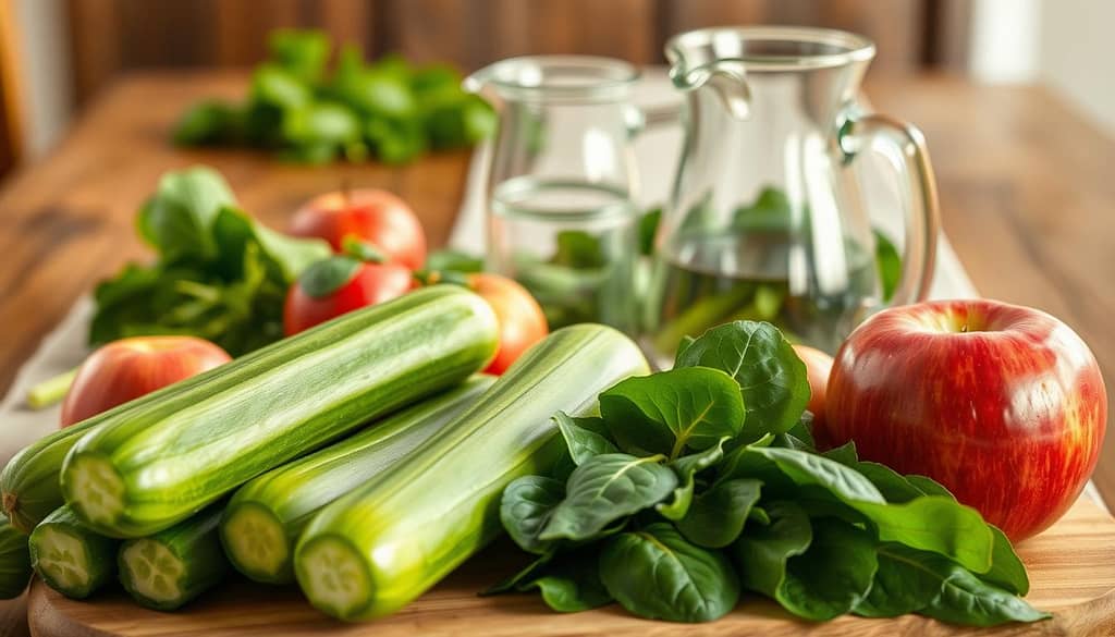 A vibrant still life showcasing the fresh ingredients for a nourishing cucumber, apple, and spinach juice. In the foreground, a cutting board displays crisp green cucumbers, juicy red apples, and lush dark green spinach leaves. In the middle ground, a glass pitcher stands ready to receive the freshly pressed juice, reflecting the natural light. The background features a rustic wooden table with a simple linen runner, creating a warm and inviting atmosphere. The lighting is soft and natural, highlighting the vibrant colors and textures of the produce. Capture the essence of nature's bounty and the power of fresh, wholesome ingredients.