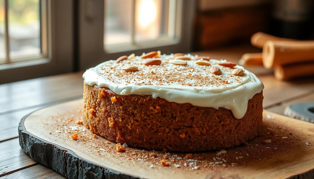 Homemade carrot cake with a moist, finely-textured crumb, topped with a luscious, tangy cream cheese frosting. The cake is freshly baked, golden-brown, and dusted with a light coating of cinnamon. Sliced almonds and shredded coconut are sprinkled over the top, adding a delightful crunch. The cake is presented on a rustic wooden board, set against a backdrop of natural light filtering through a window, casting a warm, inviting glow. The overall scene evokes feelings of comfort, indulgence, and the simple pleasure of homemade baking.