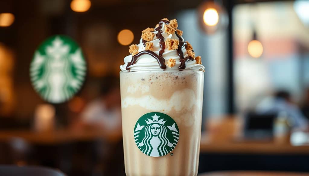 Starbucks S'mores Frappuccino, a delectable frozen treat in a tall glass, sits in the foreground. The blended coffee base is topped with a swirl of whipped cream, chocolate drizzle, and crunchy graham cracker crumbs, evoking the classic campfire s'mores. Soft lighting casts a warm, inviting glow, while the background showcases a blurred Starbucks cafe setting, hinting at the origins of this indulgent beverage. The overall composition captures the cozy, comforting essence of the S'mores Frappuccino, enticing the viewer to dive into this delightful Starbucks specialty.
