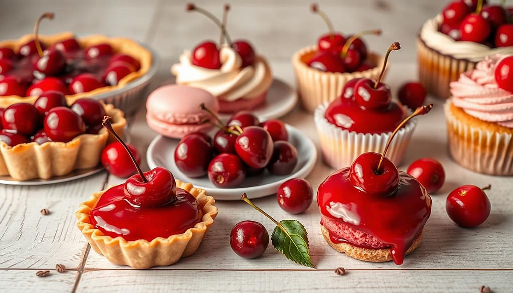 a close-up photograph of an assortment of cherry-flavored confections and desserts, including cherry pie, cherry tarts, cherry macarons, and cherry-infused cupcakes, all arranged on a rustic wooden table with a neutral background. The lighting is soft and warm, highlighting the vibrant red hues of the cherries and the delicate textures of the pastries. The overall composition creates a visually appealing and mouthwatering display that showcases the delicious possibilities of sweet cherry desserts.