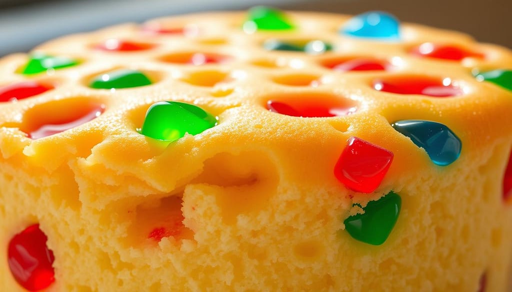 poke cake with holes filled with colorful gelatin